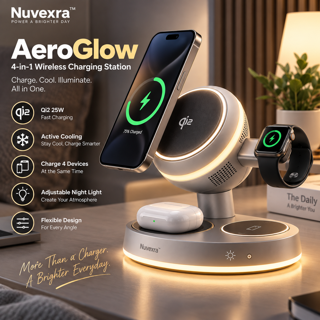 Nuvexra™ AeroGlow 4-in-1 Magnetic Wireless Charging Stand — Qi2 25W, Active Cooling & Night Light