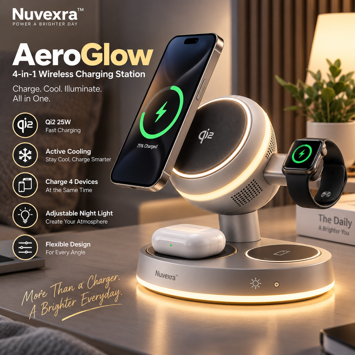 Nuvexra™ AeroGlow 4-in-1 Magnetic Wireless Charging Stand — Qi2 25W, Active Cooling & Night Light
