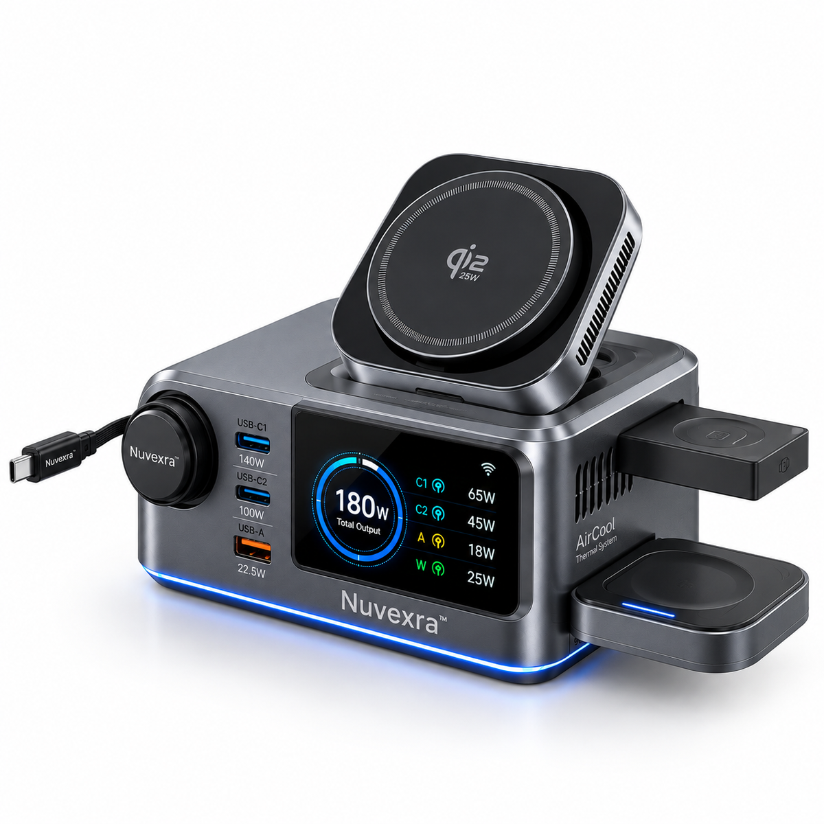 Nuvexra™ VoltSphere 180W SiC Smart Charging Station — 3-in-1 Wireless, Qi2 25W, Smart Display & Air Cooling