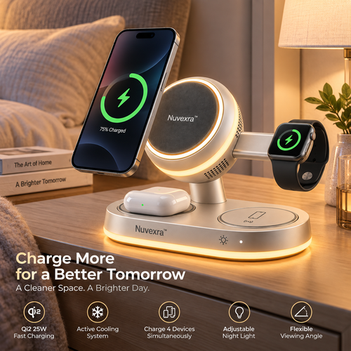 Nuvexra™ AeroGlow 4-in-1 Magnetic Wireless Charging Stand — Qi2 25W, Active Cooling & Night Light