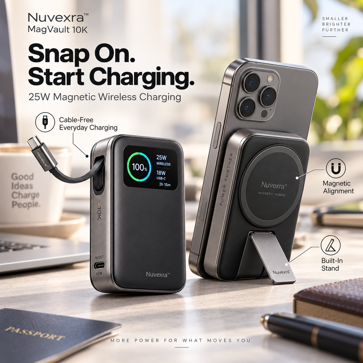 Nuvexra™ MagVault 10K Magnetic Power Bank — 10,000mAh, 25W Magnetic Wireless Charging, 65W USB-C, Retractable Cable & Smart Display