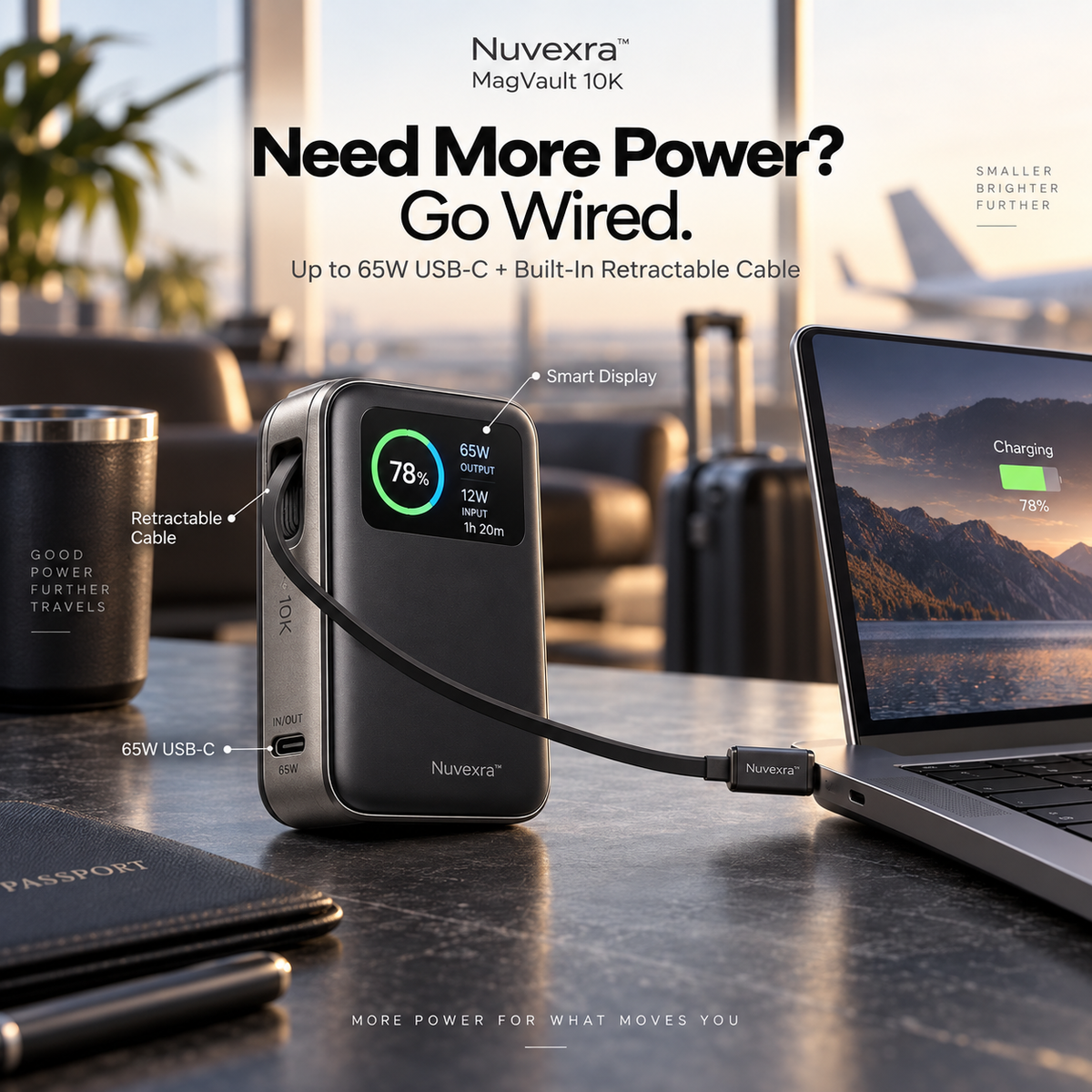 Nuvexra™ MagVault 10K Magnetic Power Bank — 10,000mAh, 25W Magnetic Wireless Charging, 65W USB-C, Retractable Cable & Smart Display