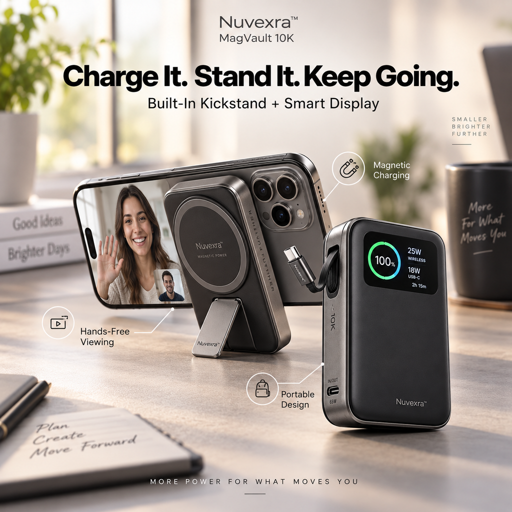 Nuvexra™ MagVault 10K Magnetic Power Bank — 10,000mAh, 25W Magnetic Wireless Charging, 65W USB-C, Retractable Cable & Smart Display