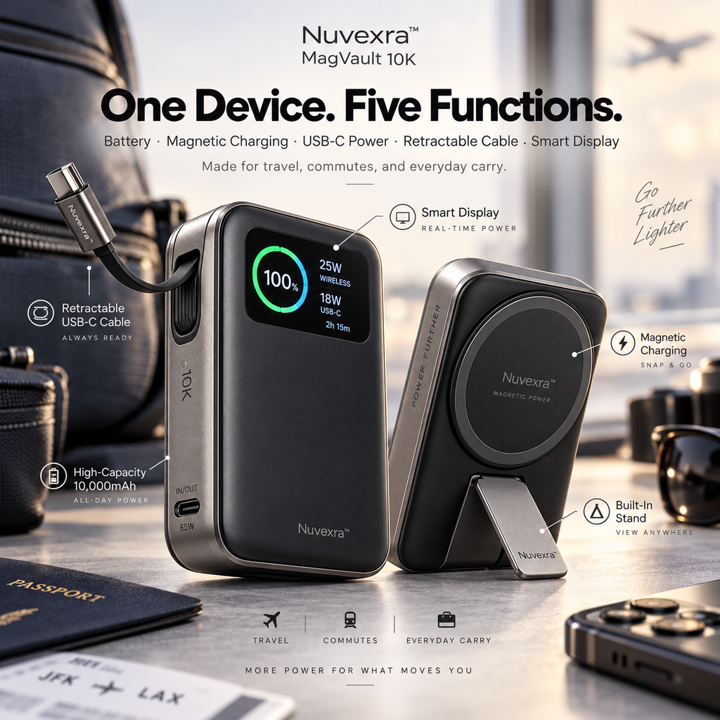 Nuvexra™ MagVault 10K Magnetic Power Bank — 10,000mAh, 25W Magnetic Wireless Charging, 65W USB-C, Retractable Cable & Smart Display