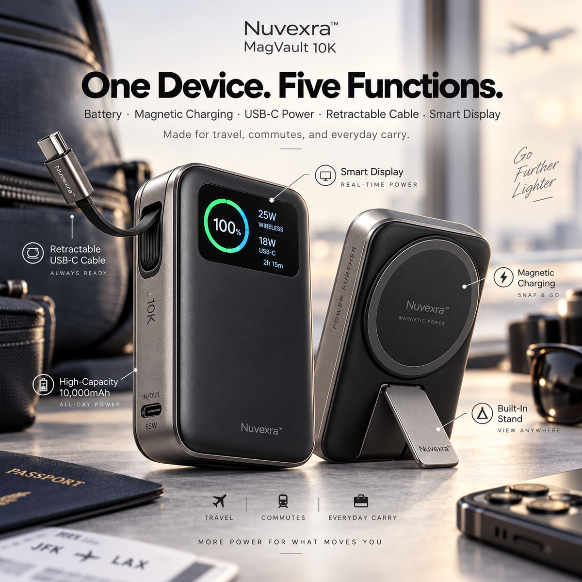 Nuvexra™ MagVault 10K Magnetic Power Bank — 10,000mAh, 25W Magnetic Wireless Charging, 65W USB-C, Retractable Cable & Smart Display