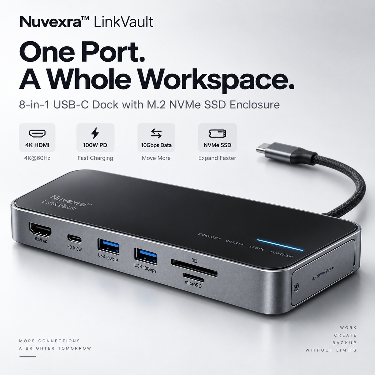 Nuvexra™ LinkVault 8-in-1 USB-C Dock with M.2 NVMe SSD Enclosure — 4K HDMI, 100W PD & 10Gbps Data