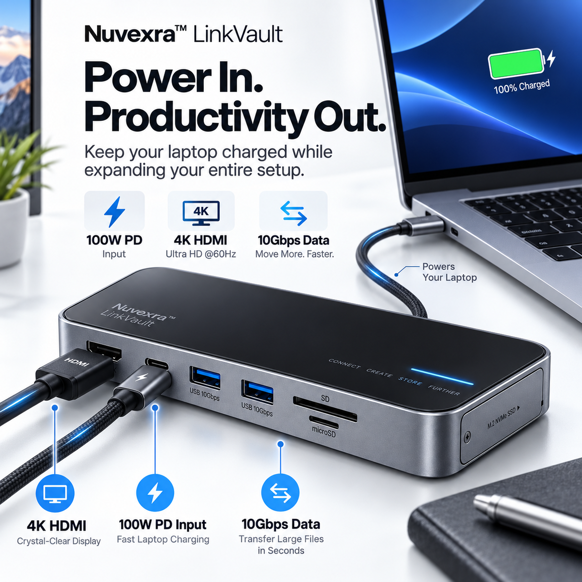 Nuvexra™ LinkVault 8-in-1 USB-C Dock with M.2 NVMe SSD Enclosure — 4K HDMI, 100W PD & 10Gbps Data