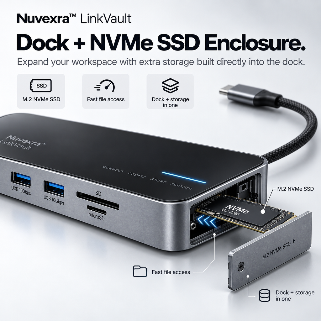 Nuvexra™ LinkVault 8-in-1 USB-C Dock with M.2 NVMe SSD Enclosure — 4K HDMI, 100W PD & 10Gbps Data