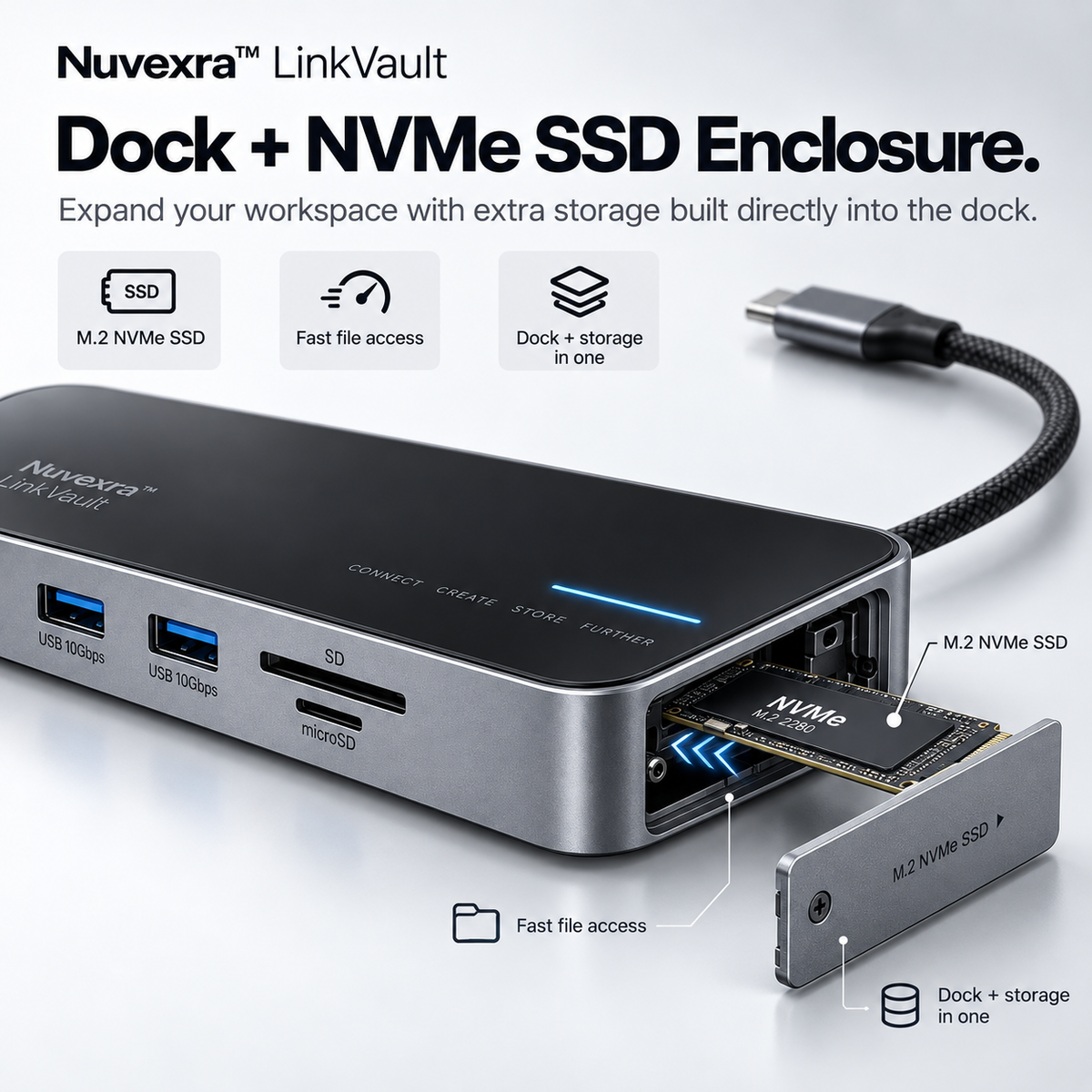 Nuvexra™ LinkVault 8-in-1 USB-C Dock with M.2 NVMe SSD Enclosure — 4K HDMI, 100W PD & 10Gbps Data
