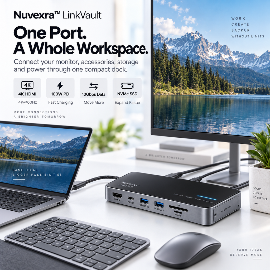Nuvexra™ LinkVault 8-in-1 USB-C Dock with M.2 NVMe SSD Enclosure — 4K HDMI, 100W PD & 10Gbps Data