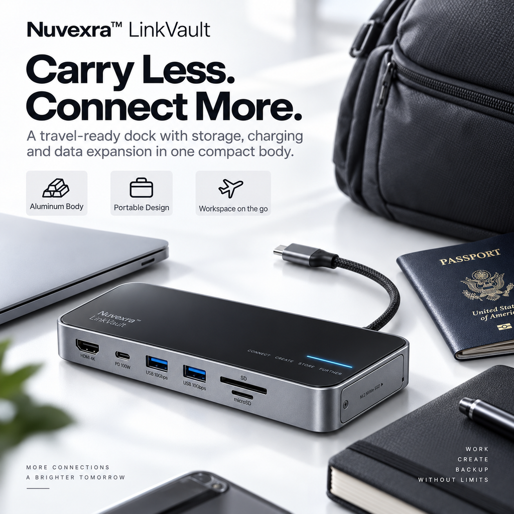 Nuvexra™ LinkVault 8-in-1 USB-C Dock with M.2 NVMe SSD Enclosure — 4K HDMI, 100W PD & 10Gbps Data