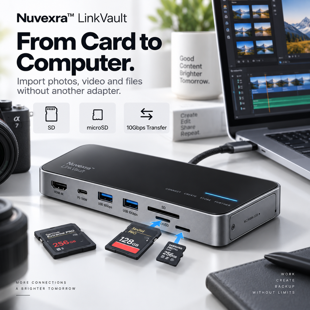 Nuvexra™ LinkVault 8-in-1 USB-C Dock with M.2 NVMe SSD Enclosure — 4K HDMI, 100W PD & 10Gbps Data