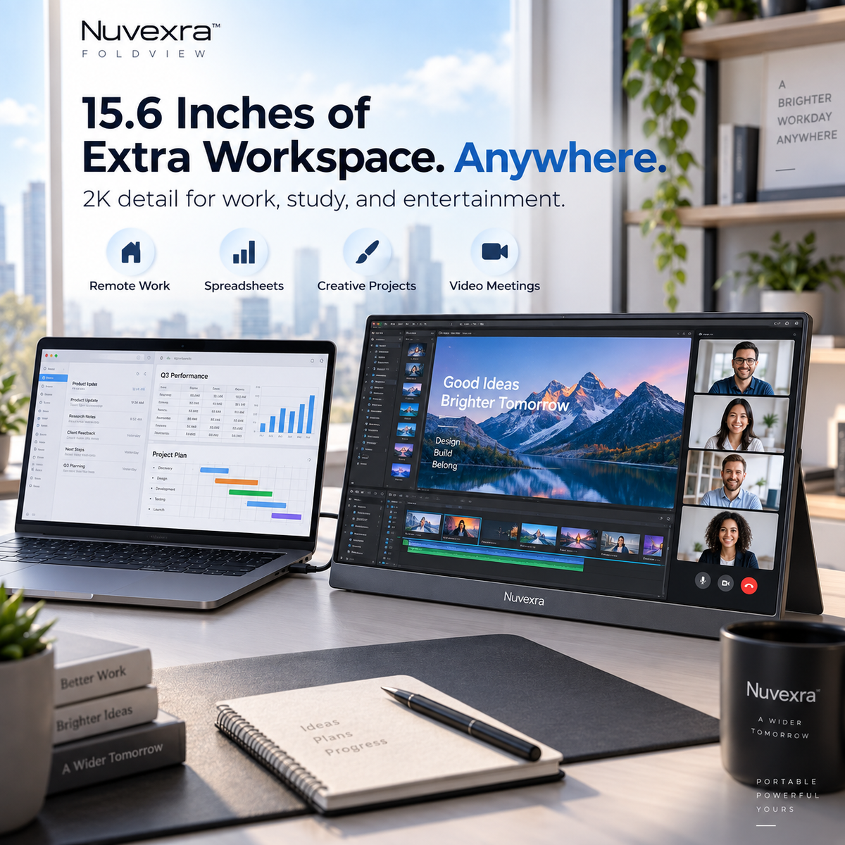 Nuvexra™ FoldView 15.6" 2K Portable Monitor — USB-C, Mini HDMI, Built-In Kickstand & Dual Speakers
