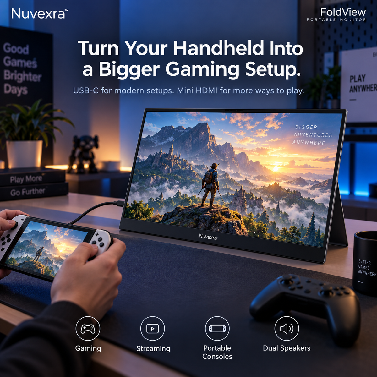 Nuvexra™ FoldView 15.6" 2K Portable Monitor — USB-C, Mini HDMI, Built-In Kickstand & Dual Speakers
