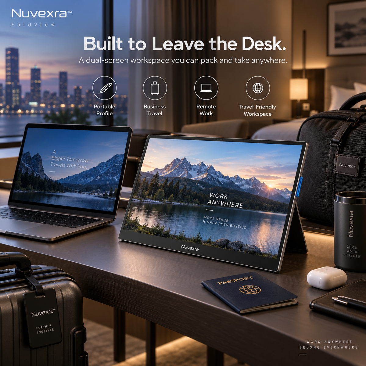 Nuvexra™ FoldView 15.6" 2K Portable Monitor — USB-C, Mini HDMI, Built-In Kickstand & Dual Speakers