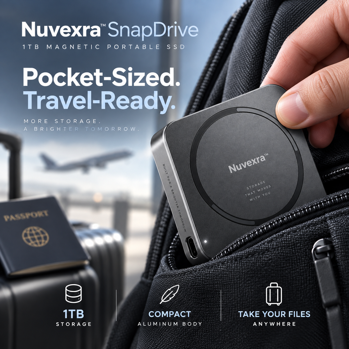 Nuvexra™ SnapDrive 1TB Magnetic Portable SSD — 20Gbps USB-C, Up to 2,000MB/s & MagSafe-Compatible Design