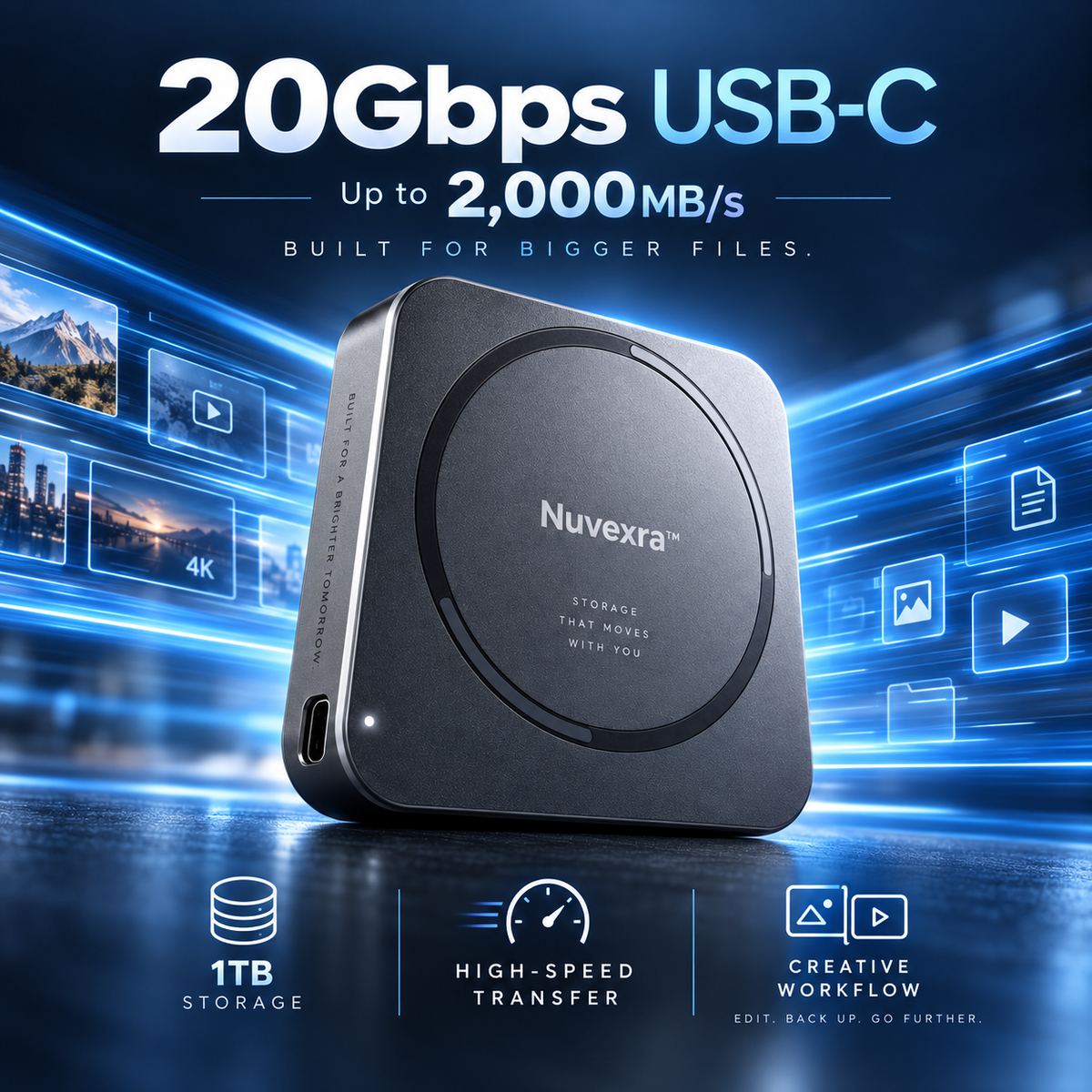 Nuvexra™ SnapDrive 1TB Magnetic Portable SSD — 20Gbps USB-C, Up to 2,000MB/s & MagSafe-Compatible Design