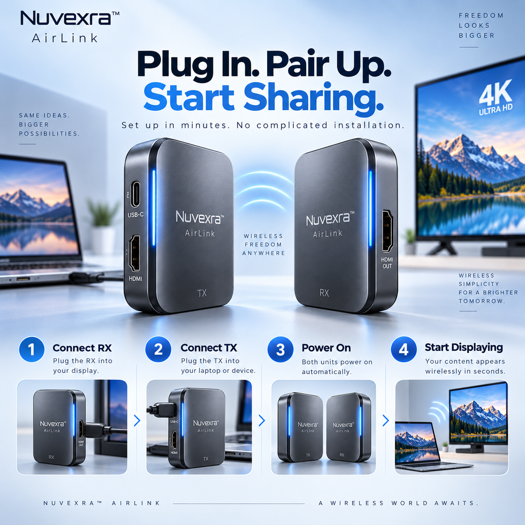 Nuvexra™ AirLink 4K Wireless HDMI & USB-C Transmitter/Receiver Kit — Plug & Play, Dual-Band & Low-Latency Display