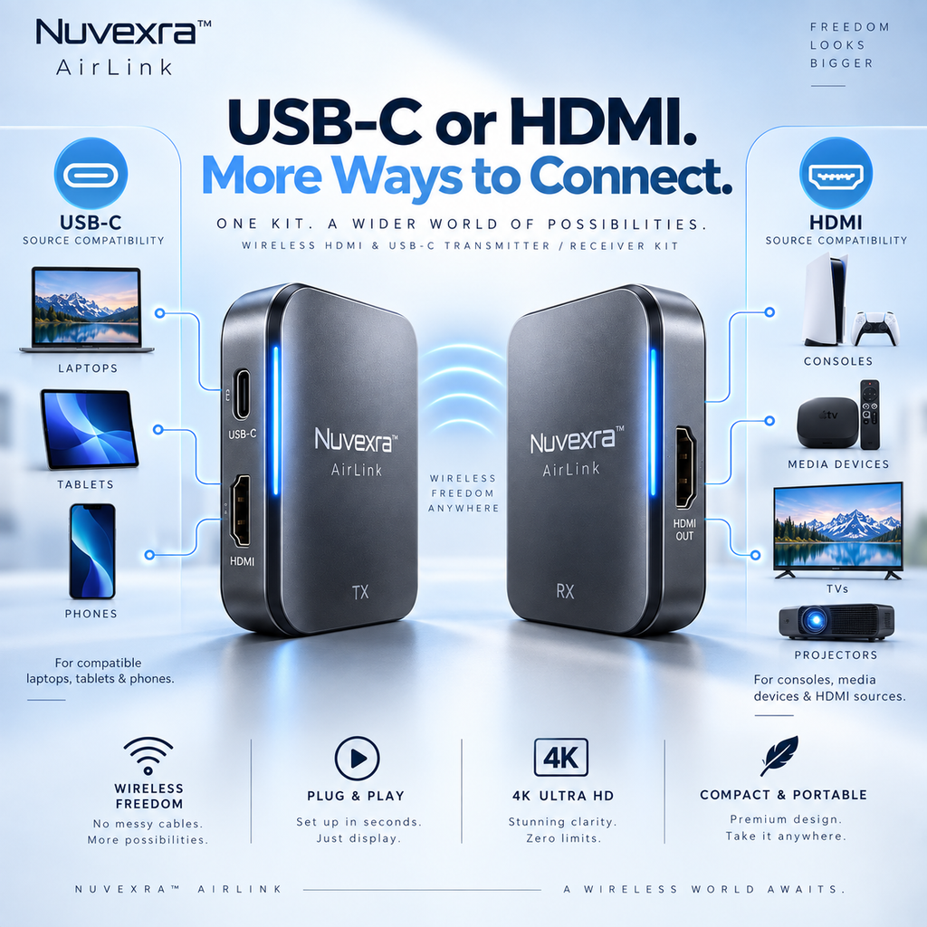 Nuvexra™ AirLink 4K Wireless HDMI & USB-C Transmitter/Receiver Kit — Plug & Play, Dual-Band & Low-Latency Display