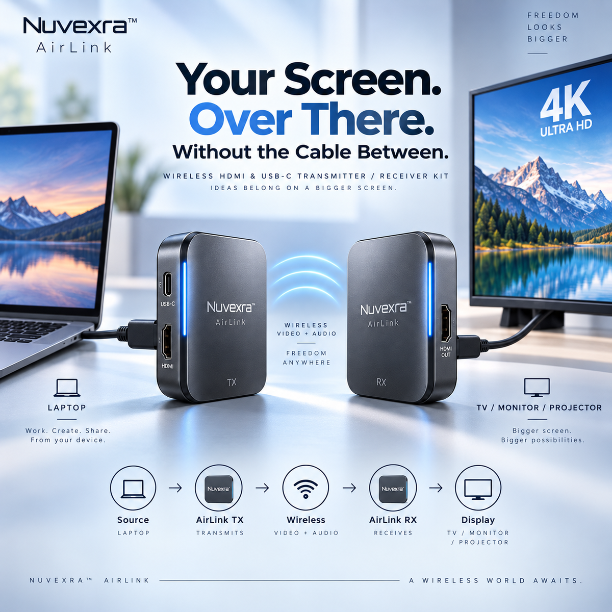 Nuvexra™ AirLink 4K Wireless HDMI & USB-C Transmitter/Receiver Kit — Plug & Play, Dual-Band & Low-Latency Display