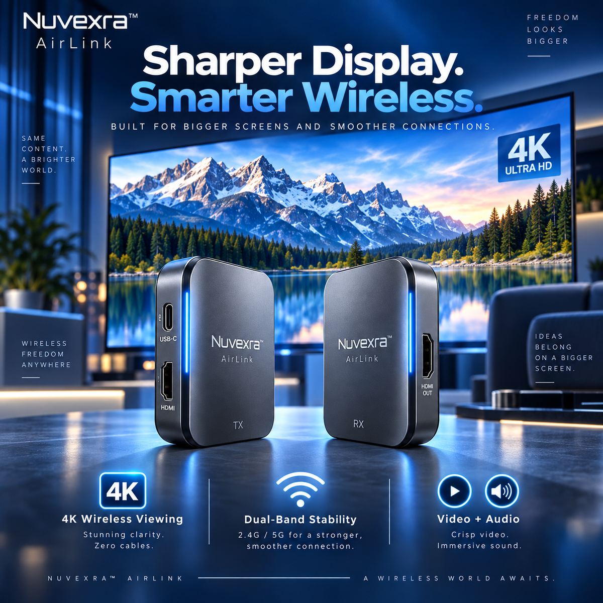 Nuvexra™ AirLink 4K Wireless HDMI & USB-C Transmitter/Receiver Kit — Plug & Play, Dual-Band & Low-Latency Display