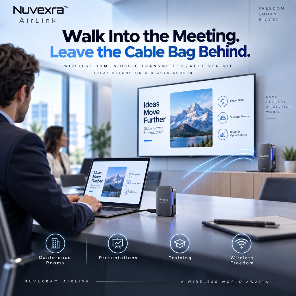 Nuvexra™ AirLink 4K Wireless HDMI & USB-C Transmitter/Receiver Kit — Plug & Play, Dual-Band & Low-Latency Display