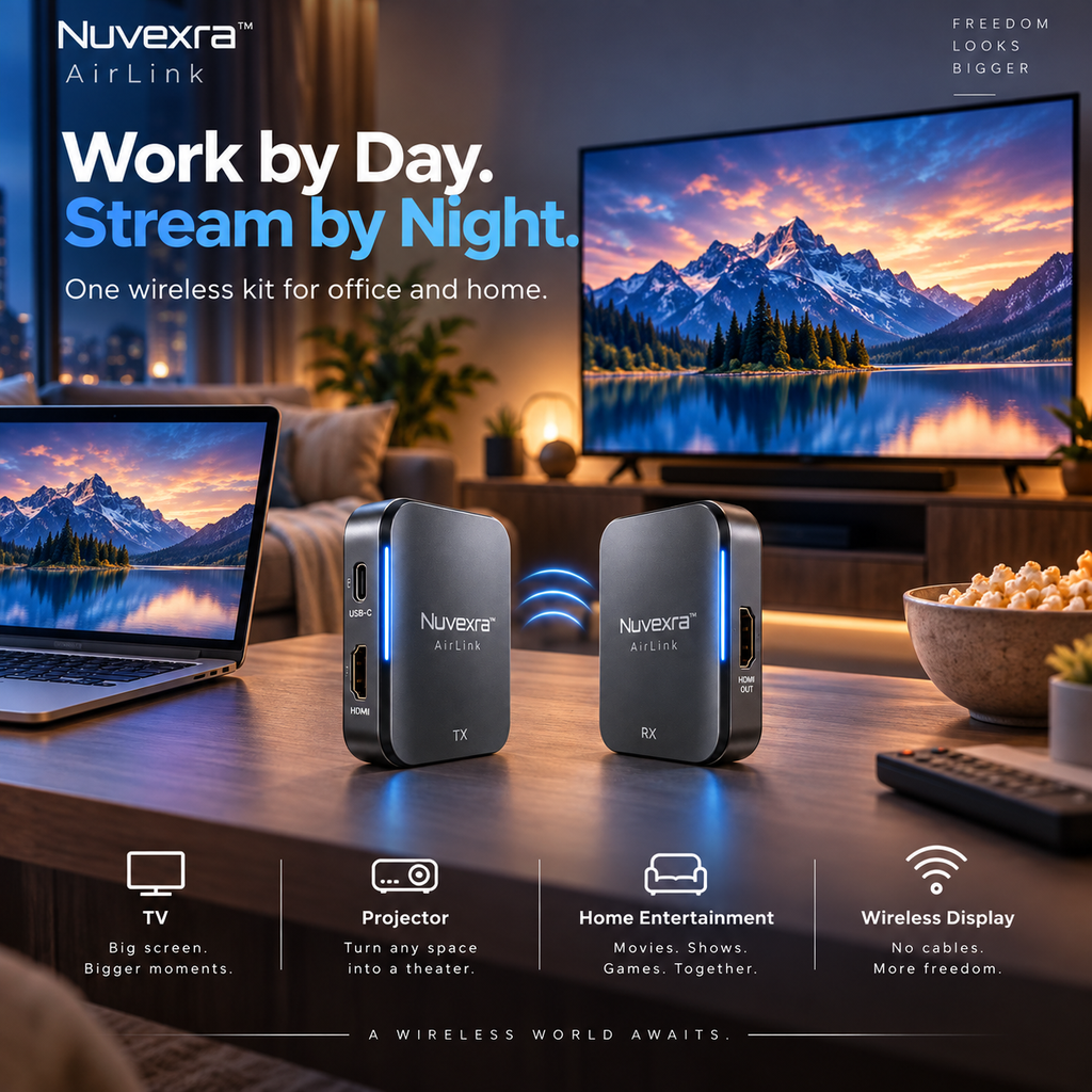 Nuvexra™ AirLink 4K Wireless HDMI & USB-C Transmitter/Receiver Kit — Plug & Play, Dual-Band & Low-Latency Display