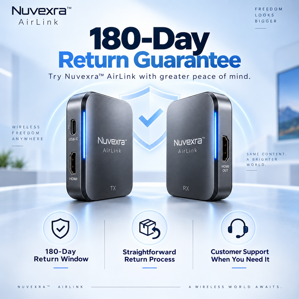 Nuvexra™ AirLink 4K Wireless HDMI & USB-C Transmitter/Receiver Kit — Plug & Play, Dual-Band & Low-Latency Display