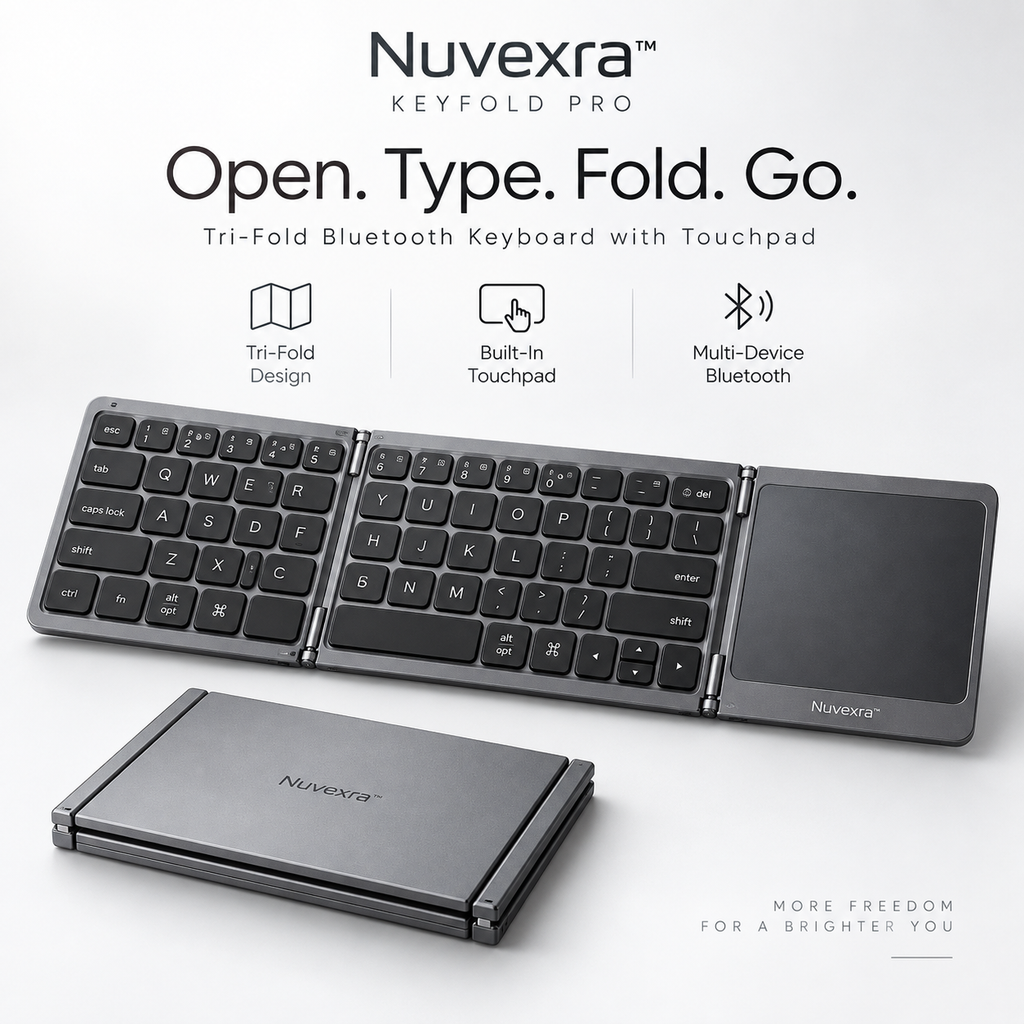 Nuvexra™ KeyFold Pro Tri-Fold Bluetooth Keyboard with Touchpad — Multi-Device, USB-C Rechargeable & Travel-Ready