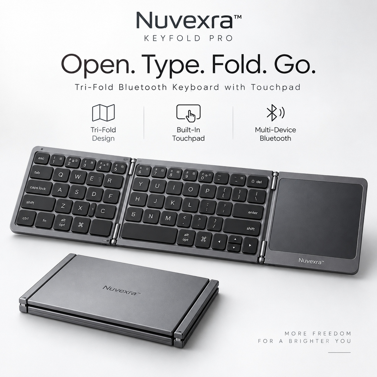 Nuvexra™ KeyFold Pro Tri-Fold Bluetooth Keyboard with Touchpad — Multi-Device, USB-C Rechargeable & Travel-Ready