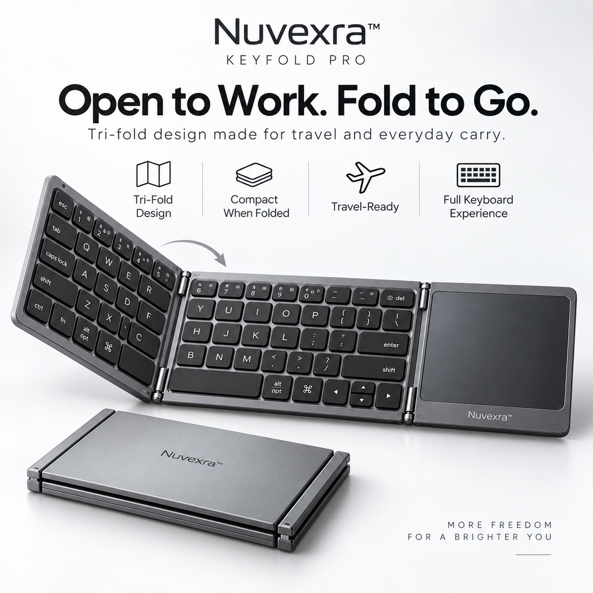 Nuvexra™ KeyFold Pro Tri-Fold Bluetooth Keyboard with Touchpad — Multi-Device, USB-C Rechargeable & Travel-Ready