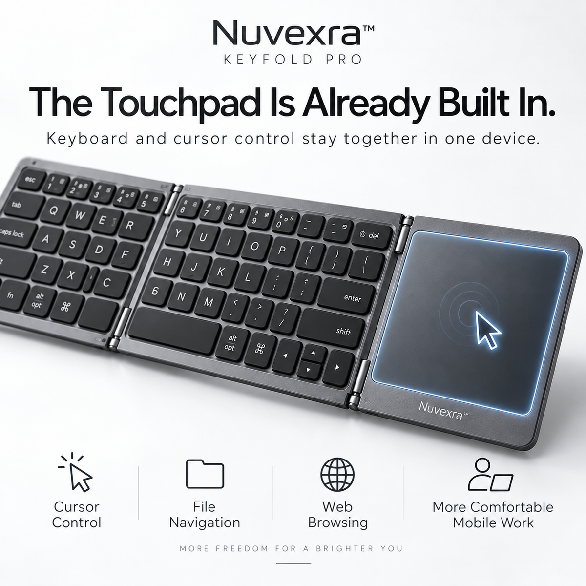 Nuvexra™ KeyFold Pro Tri-Fold Bluetooth Keyboard with Touchpad — Multi-Device, USB-C Rechargeable & Travel-Ready