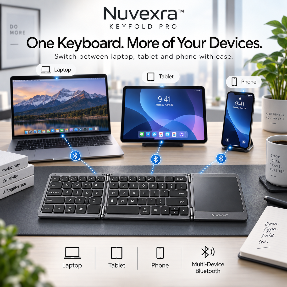 Nuvexra™ KeyFold Pro Tri-Fold Bluetooth Keyboard with Touchpad — Multi-Device, USB-C Rechargeable & Travel-Ready