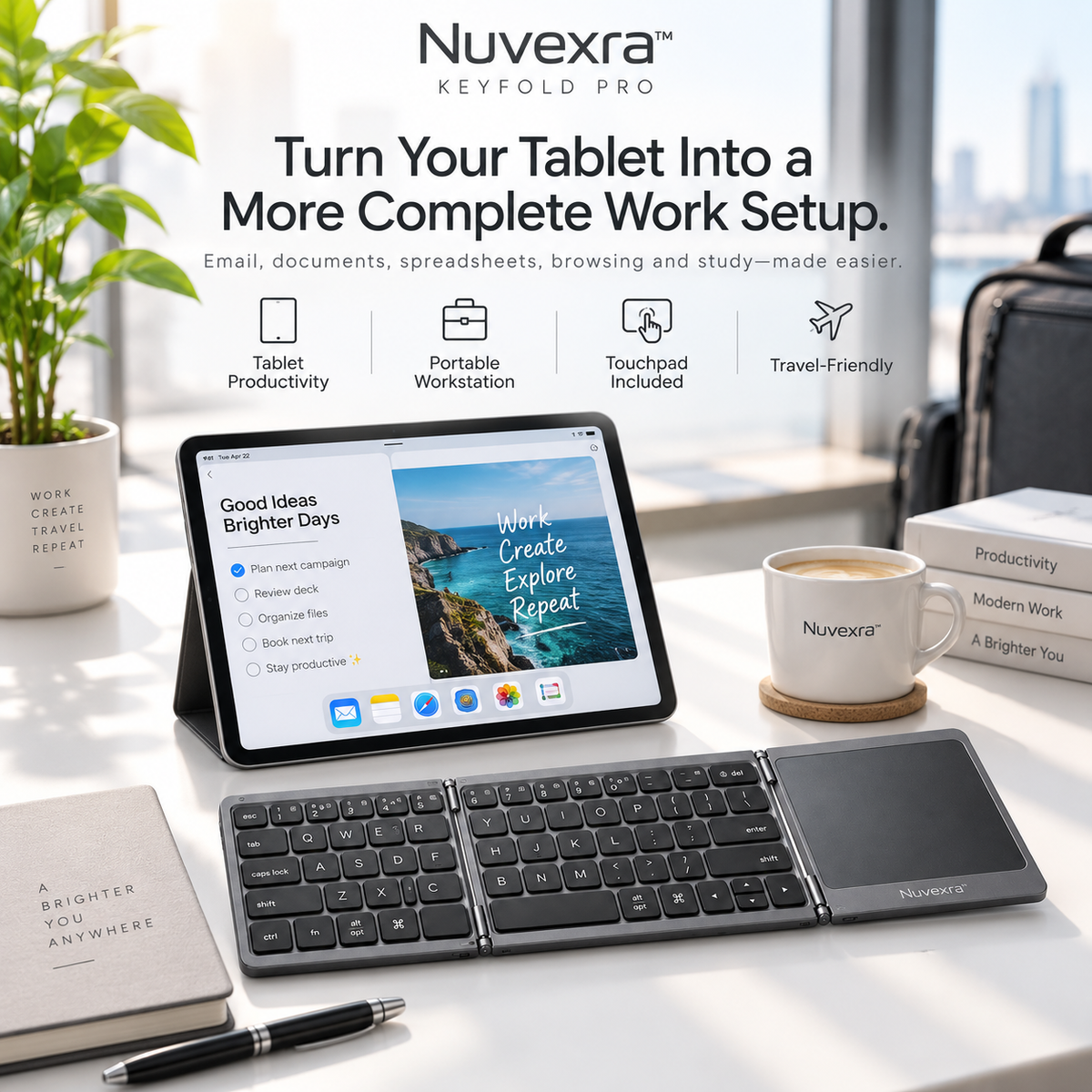 Nuvexra™ KeyFold Pro Tri-Fold Bluetooth Keyboard with Touchpad — Multi-Device, USB-C Rechargeable & Travel-Ready