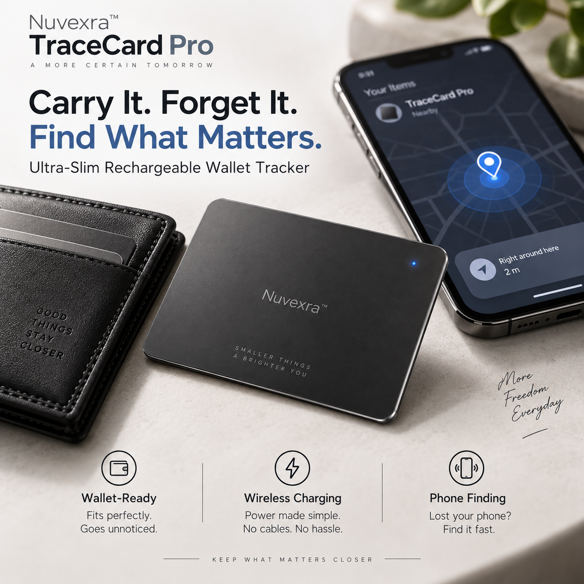Nuvexra™ TraceCard Pro Ultra-Slim Rechargeable Wallet Tracker — Find My-Compatible, Wireless Charging & Smart Lost Alerts
