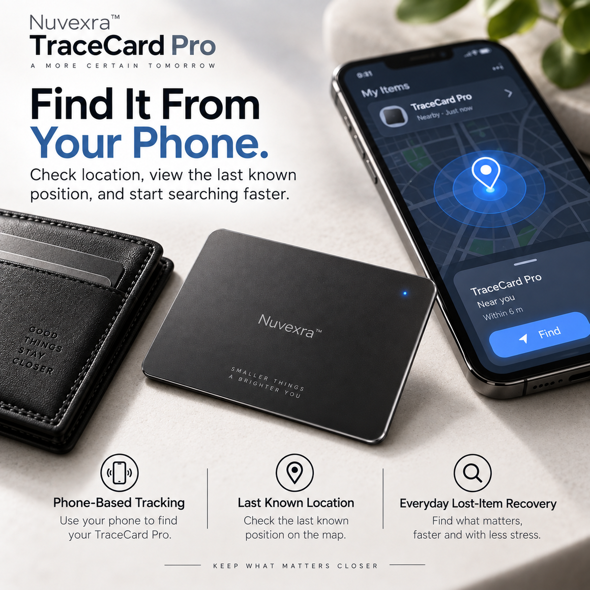 Nuvexra™ TraceCard Pro Ultra-Slim Rechargeable Wallet Tracker — Find My-Compatible, Wireless Charging & Smart Lost Alerts