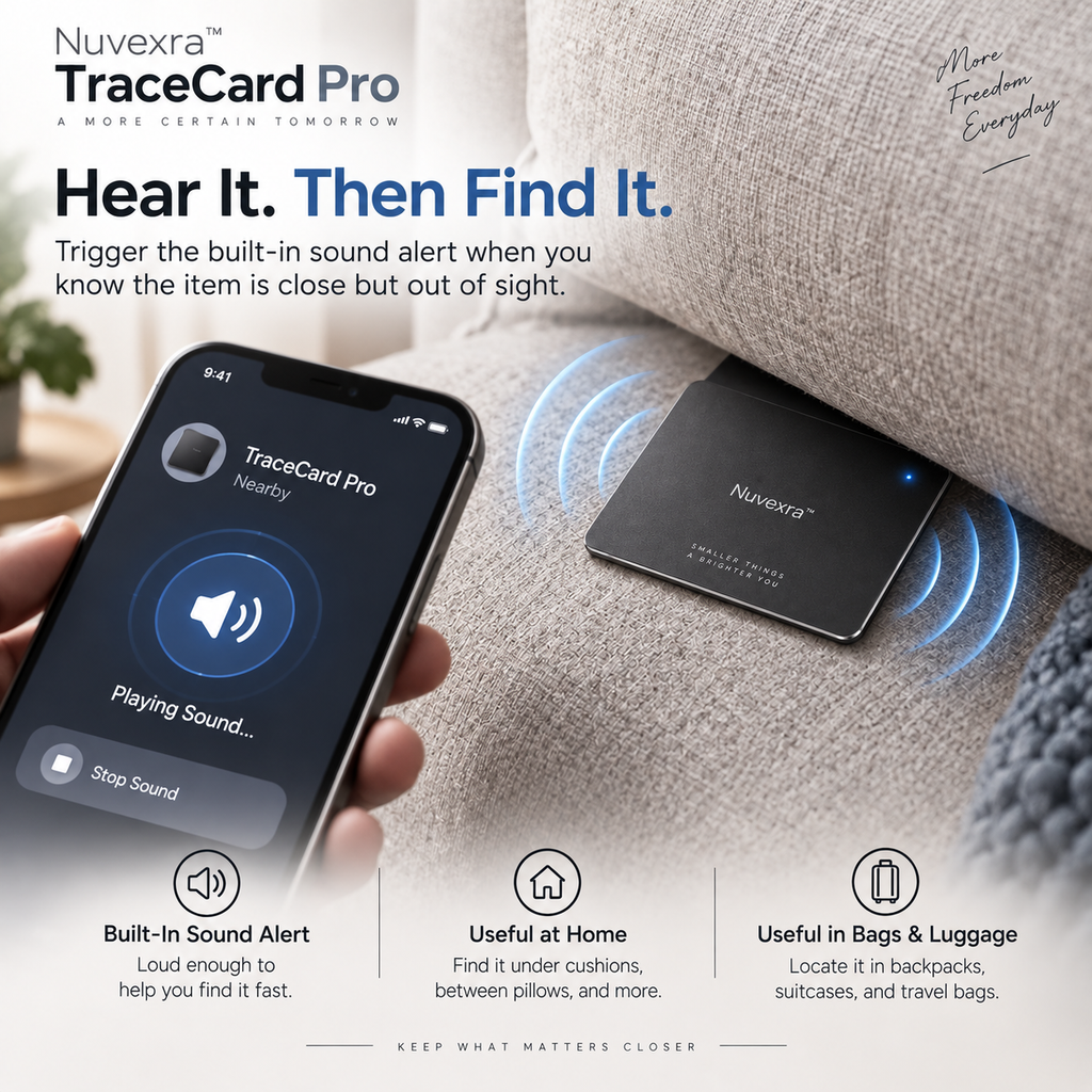 Nuvexra™ TraceCard Pro Ultra-Slim Rechargeable Wallet Tracker — Find My-Compatible, Wireless Charging & Smart Lost Alerts