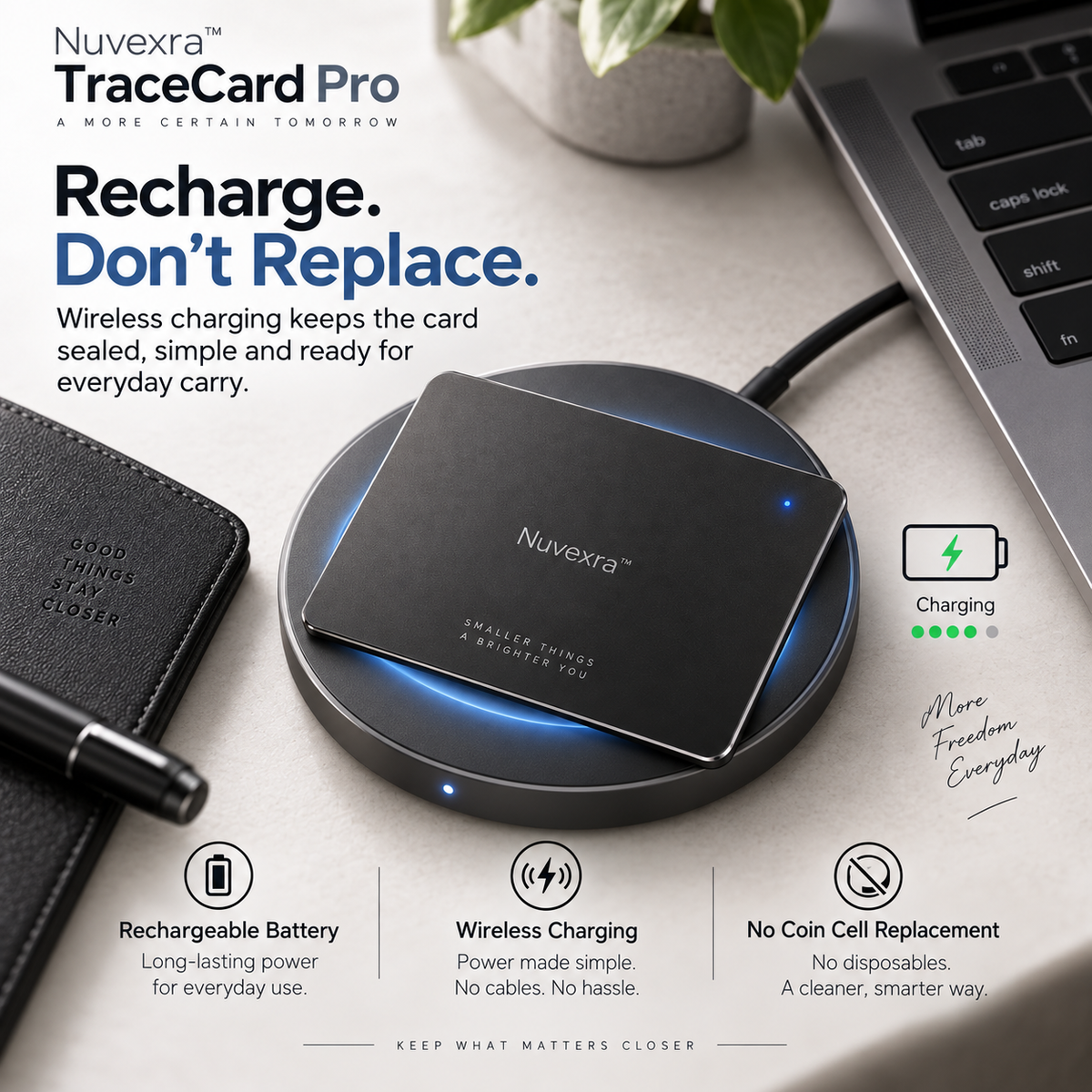 Nuvexra™ TraceCard Pro Ultra-Slim Rechargeable Wallet Tracker — Find My-Compatible, Wireless Charging & Smart Lost Alerts