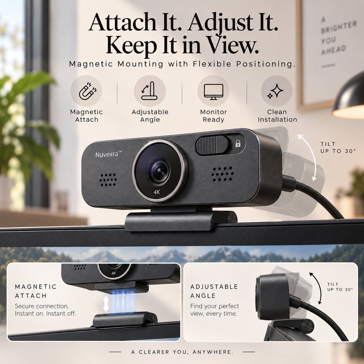 Nuvexra™ FrameCam Pro 4K Magnetic Webcam — Auto Focus, Dual Noise-Reducing Mics, Privacy Shutter & USB-C