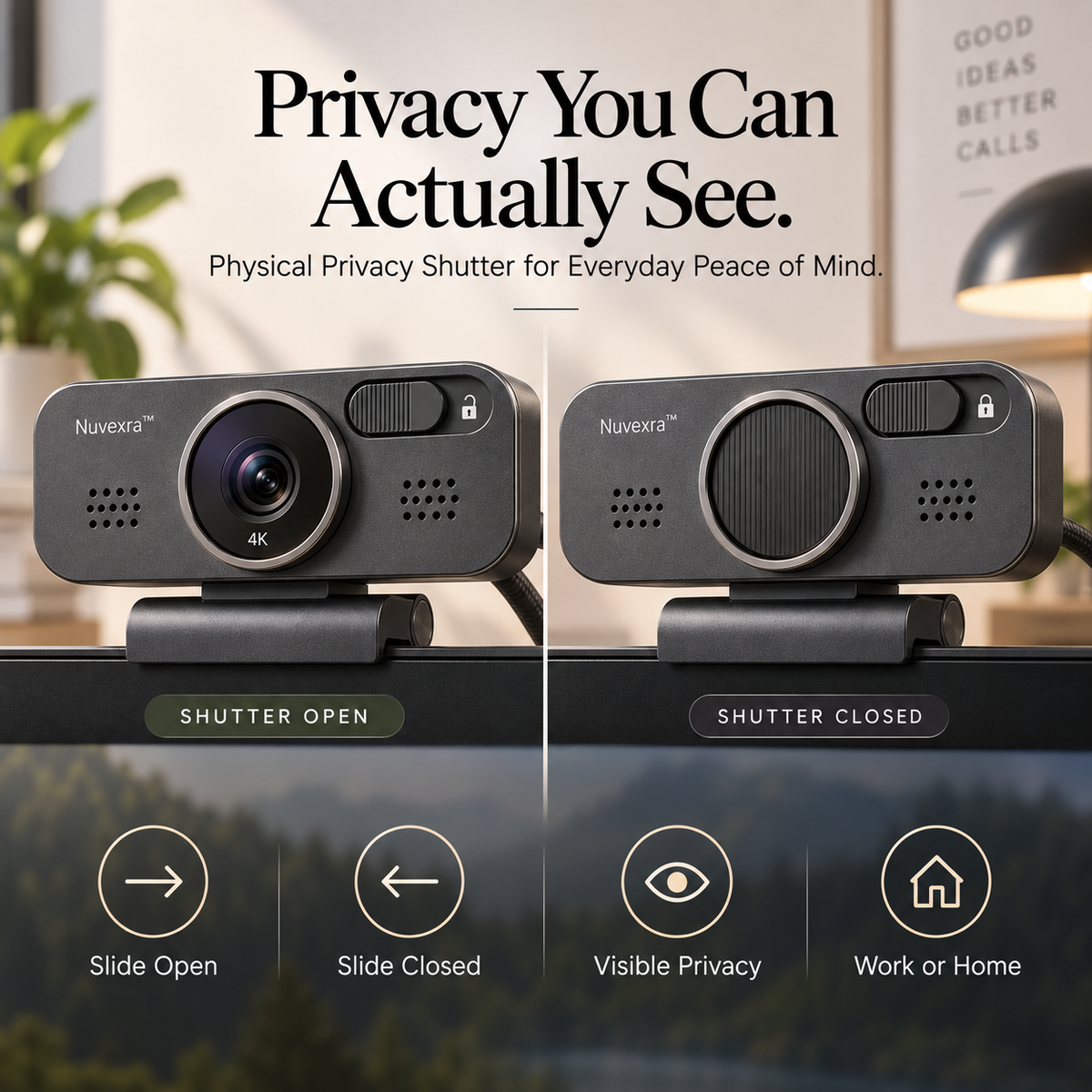 Nuvexra™ FrameCam Pro 4K Magnetic Webcam — Auto Focus, Dual Noise-Reducing Mics, Privacy Shutter & USB-C