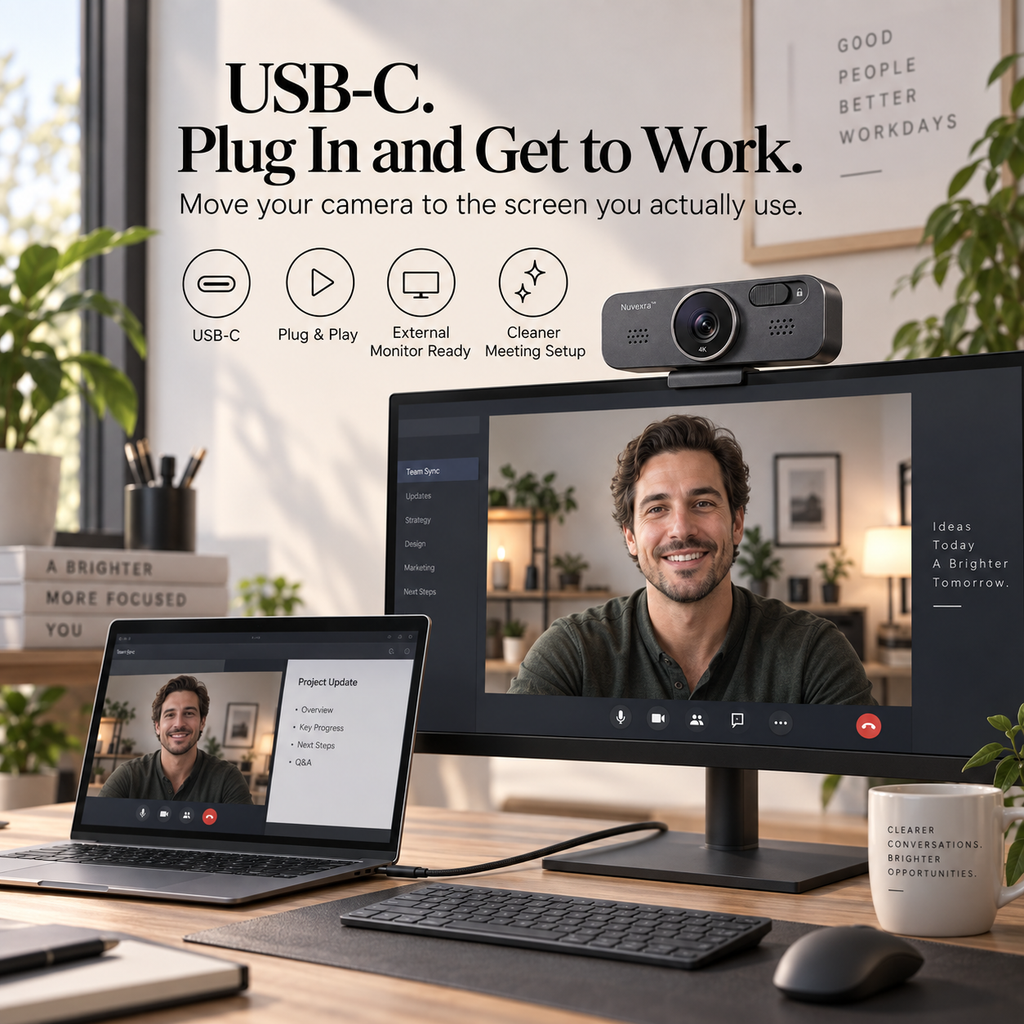 Nuvexra™ FrameCam Pro 4K Magnetic Webcam — Auto Focus, Dual Noise-Reducing Mics, Privacy Shutter & USB-C
