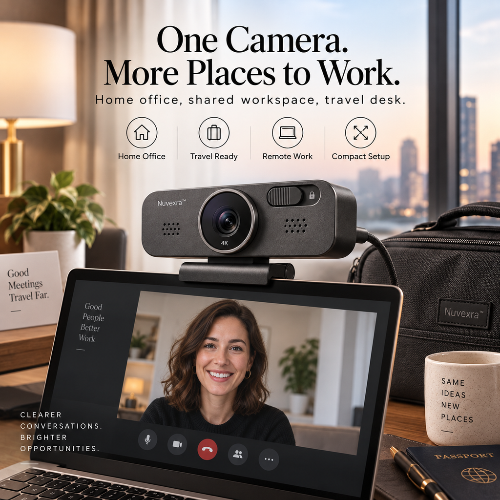 Nuvexra™ FrameCam Pro 4K Magnetic Webcam — Auto Focus, Dual Noise-Reducing Mics, Privacy Shutter & USB-C