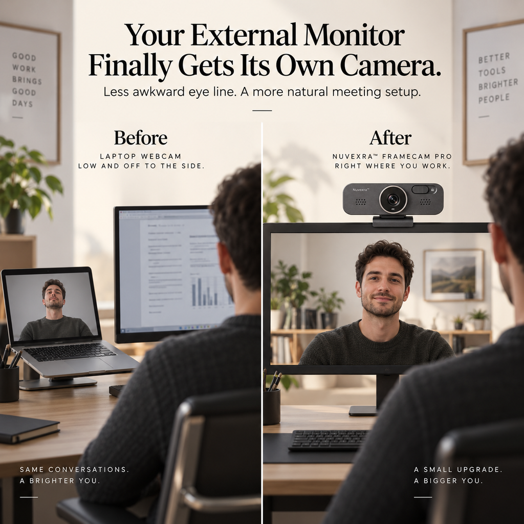 Nuvexra™ FrameCam Pro 4K Magnetic Webcam — Auto Focus, Dual Noise-Reducing Mics, Privacy Shutter & USB-C