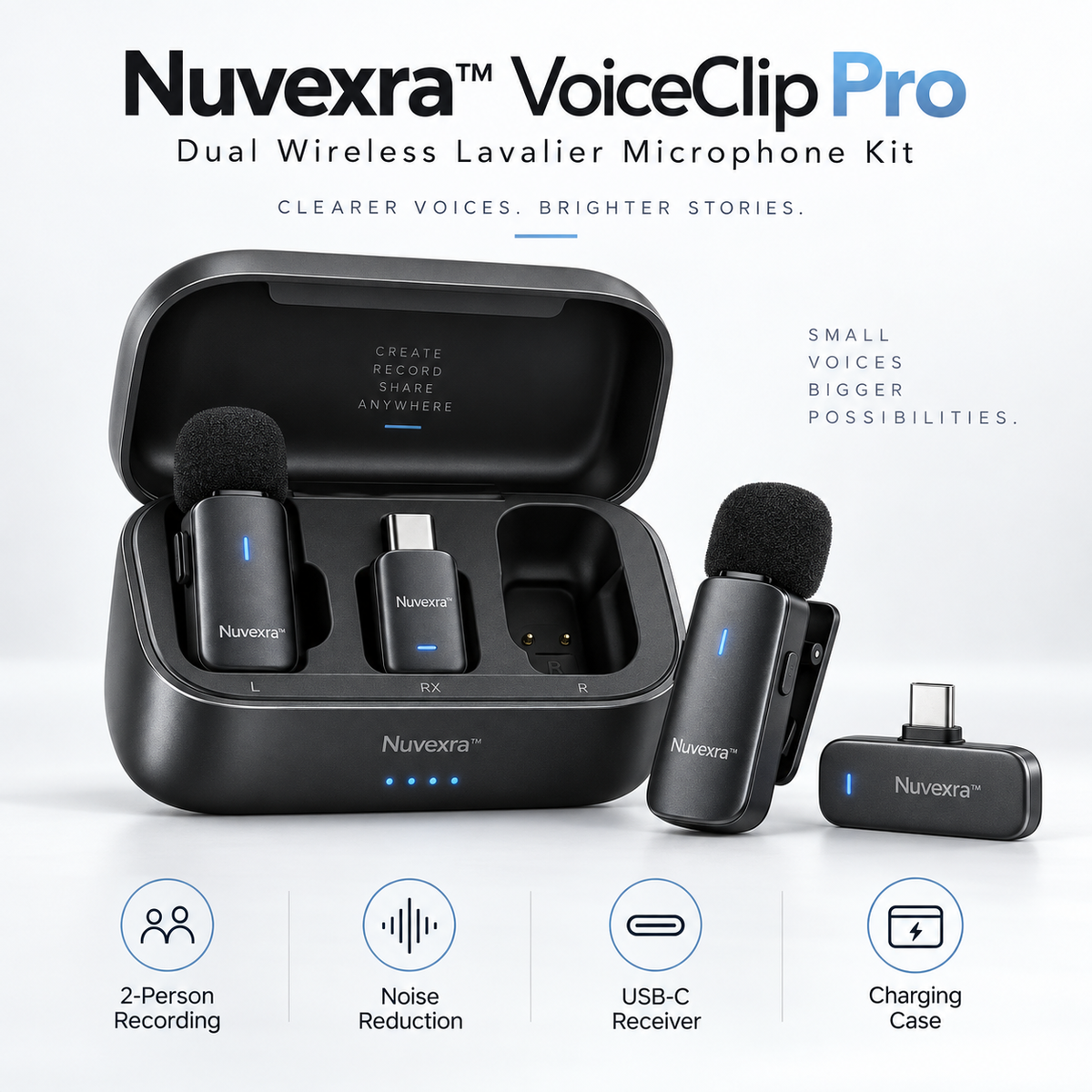 Nuvexra™ VoiceClip Pro Dual Wireless Lavalier Microphone Kit — 2-Person Recording, Noise Reduction, Charging Case & USB-C