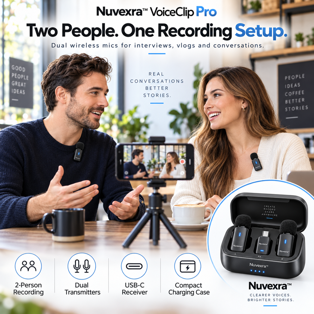 Nuvexra™ VoiceClip Pro Dual Wireless Lavalier Microphone Kit — 2-Person Recording, Noise Reduction, Charging Case & USB-C