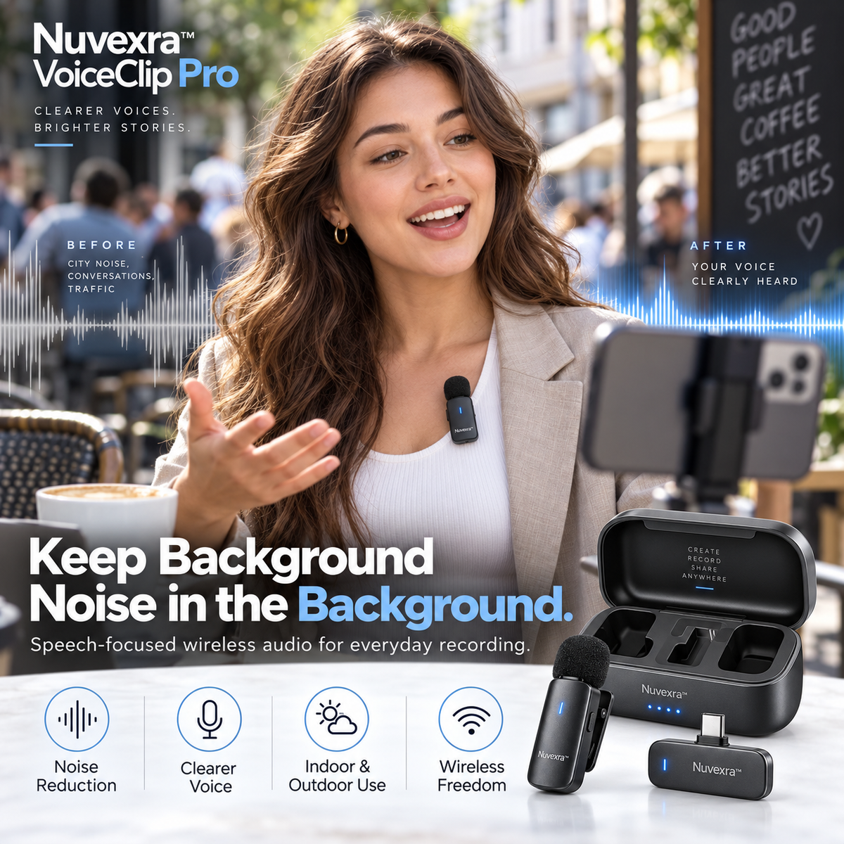 Nuvexra™ VoiceClip Pro Dual Wireless Lavalier Microphone Kit — 2-Person Recording, Noise Reduction, Charging Case & USB-C