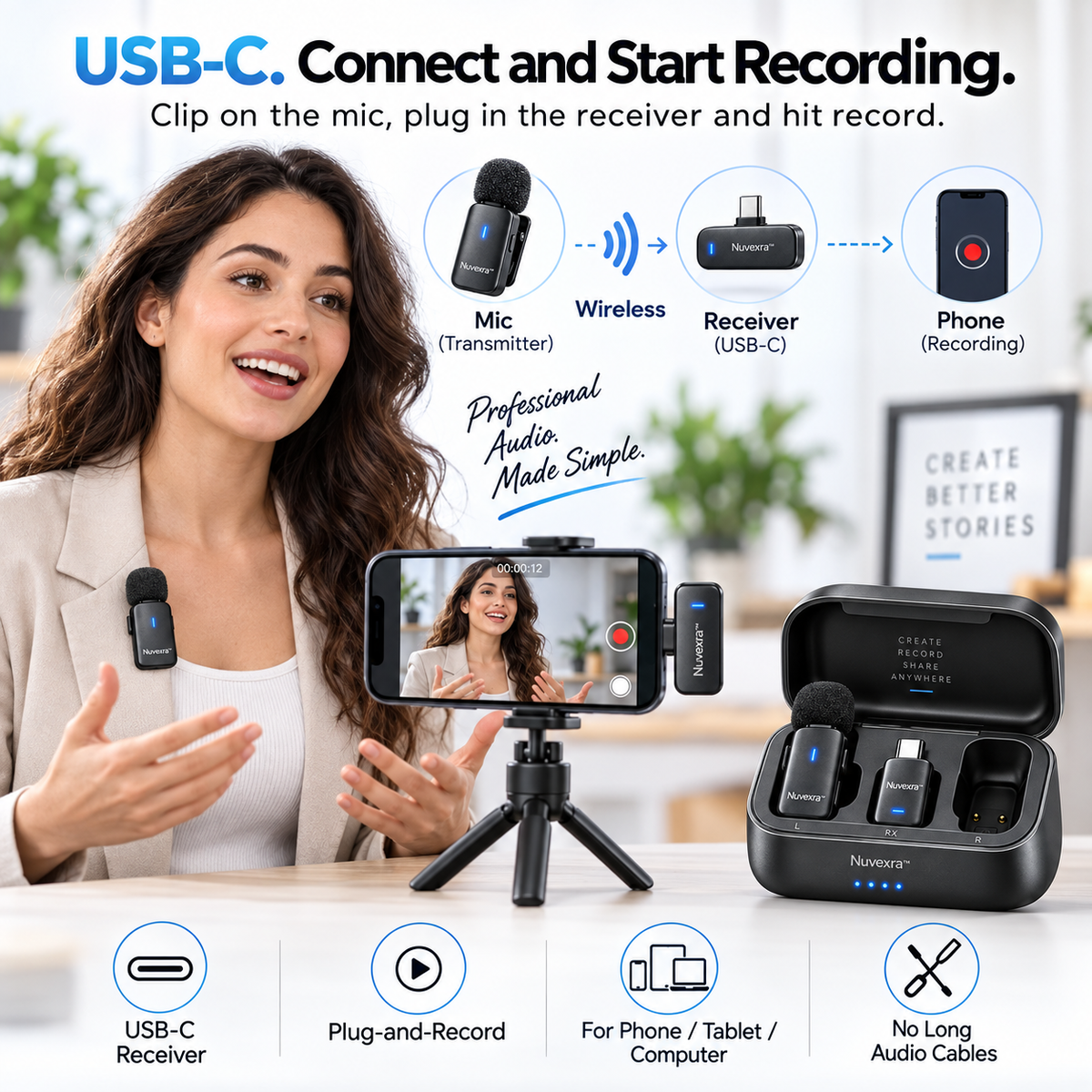 Nuvexra™ VoiceClip Pro Dual Wireless Lavalier Microphone Kit — 2-Person Recording, Noise Reduction, Charging Case & USB-C