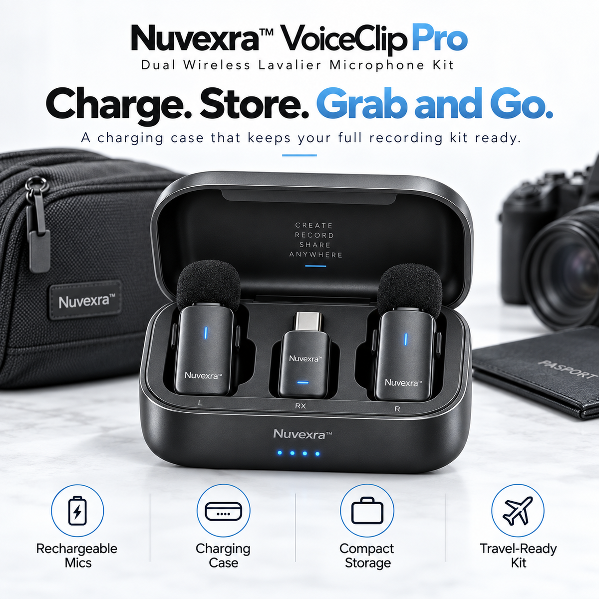 Nuvexra™ VoiceClip Pro Dual Wireless Lavalier Microphone Kit — 2-Person Recording, Noise Reduction, Charging Case & USB-C