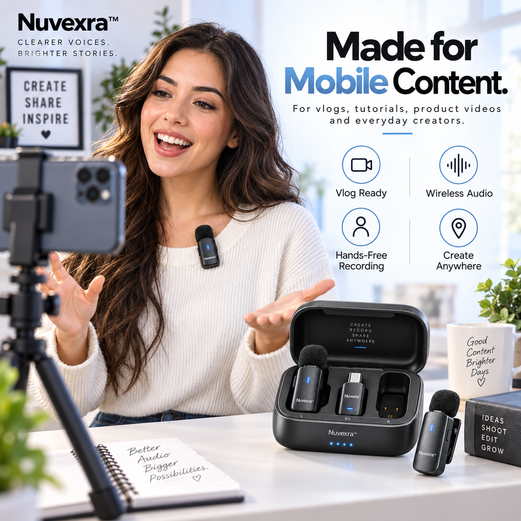Nuvexra™ VoiceClip Pro Dual Wireless Lavalier Microphone Kit — 2-Person Recording, Noise Reduction, Charging Case & USB-C