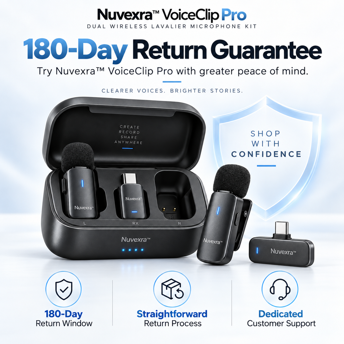 Nuvexra™ VoiceClip Pro Dual Wireless Lavalier Microphone Kit — 2-Person Recording, Noise Reduction, Charging Case & USB-C